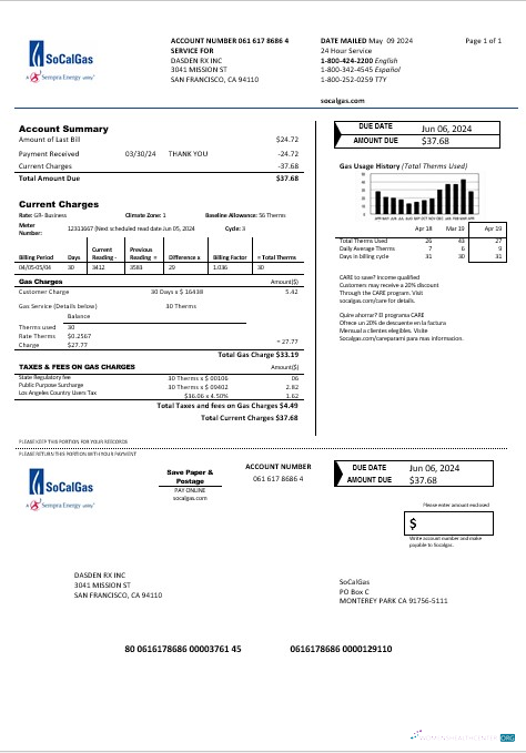 Download USA California SoCal Gas business utility bill template in Word and PDF formats Photoshop template